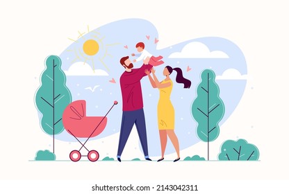 Happy Family: Father, Mother and Baby in the Background of Nature and the Shining Sun. Vector Illustration in Flat Cartoon Style.