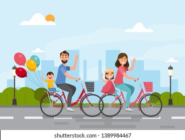 Happy family. father, mother, boy and girl riding on a bicycle together. Vector illustration flat design cartoon character