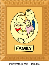 Happy family - father, mother, boy and girl in decorative frame. You can use frame or family picture separately.