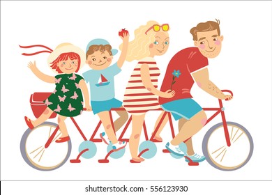 Happy family of father, mother, boy and girl riding on a red bicycle on a plain white background. They are dressed in summer clothing with the son and mother holding an apple and a flower.