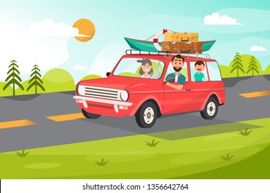 Happy family. Father, mother and children going to travel by car with nature background. Vector illustration flat design cartoon character