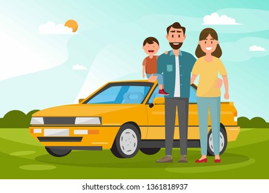 Happy family. Father, mother and children going to travel by car with nature background. Vector illustration flat design cartoon character