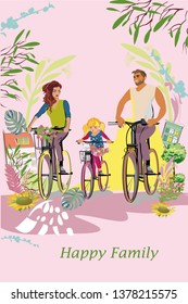Happy family of father, mother and children outdoors amoung green nature and flowers. Riding the bicycles. Family house. Colorful vector illustration.