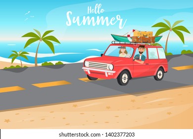 Happy family. Father, mother and children going to travel by car in summer time with sea background. Vector illustration flat design 