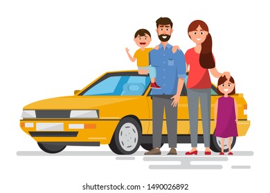 Happy family. Father, mother and children going to travel by car with nature background. Vector illustration flat design cartoon character