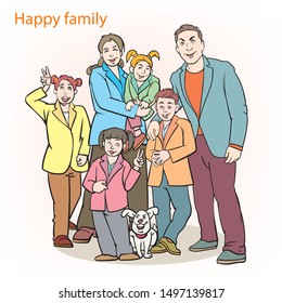Happy family  father, mother, children in their growing up are cute, cheerful and bright. hand drawn style vector design illustrations.