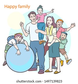 Happy family  father, mother, children in their growing up are cute, cheerful and bright. hand drawn style vector design illustrations.