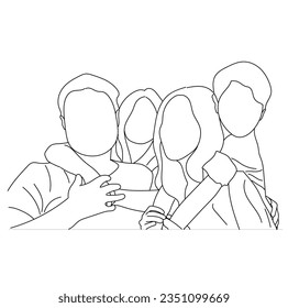 Happy family father   mother and children vector Line art drawing isolated white background 