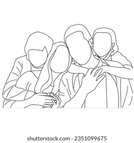 Happy family father and mother with children vector Line art drawing isolated on white background.