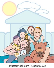 Happy family.  Father, mother, The daughter and son in their growing up are cute, cheerful and bright. hand drawn style vector design illustrations.