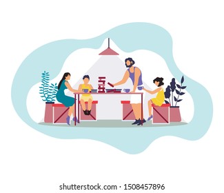 Happy Family Father, Mother, Daughter and Son Sitting at Table Drinking Beverages and Playing Board Game. Evening Spare Time Relax Parents with Kids, Home Leisure. Cartoon Flat Vector Illustration