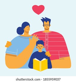 Happy family. Father, mother and daughter together. Vector illustration of a flat design