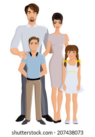 Happy family father mother daughter and son full length portrait vector illustration