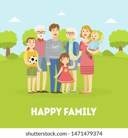 Happy Family, Father, Mother, Grandfather, Grandmother and Children Posing Together on Nature Background Vector Illustration