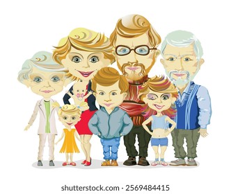 Happy family with father, mother, grandfather, grandmother, and children together. Vector illustration.
