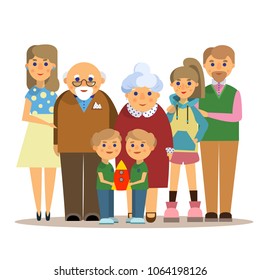 Happy family. Father, mother, grandfather,grandmother, children with toy. Vector illustration in flat style on white background