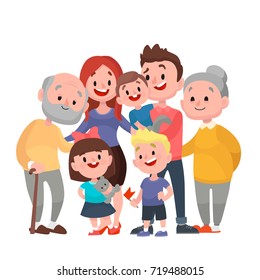 Happy family. Father, mother, grandfather,grandmother and childrens. Vector illustration in a flat style