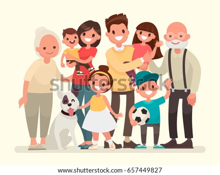 Happy family. Father, mother, grandfather,grandmother, children and pet. Vector illustration in a flat style