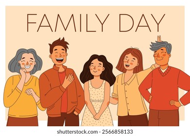 Happy family father and mother, grandma with grandpa and daughter, international family day card