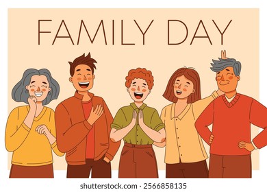 Happy family father and mother, grandma with grandpa and son, international family day card