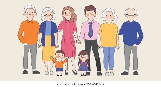 Happy family. Father, mother, grandmother, grandfather and children. Vector illustration of a cartoon hand drawn style