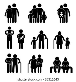Happy Family Father Mother Grandmother Grandfather Children Son Daughter Baby Infant Toddler Old Man Woman Grandchildren Husband Wife Parent Together Icon Sign Symbol Pictogram