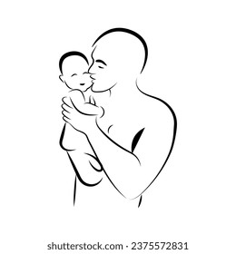 Happy family, father and mother hold a baby in their arms. Outline vector illustration. For front cover, print, logo, etc