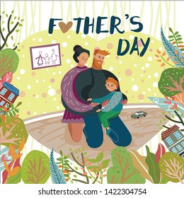 Happy Family of Father, Mother and Kid Spend Time Together at Home, Little Son Sit on Dad Knees, Mom Hugging them Sitting on Floor. Happy Fathers Day Greeting Card Cartoon Flat Vector Illustration