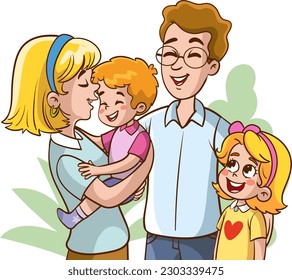 Feliz familia. Padre, madre, hijos. Los padres se mantienen en manos de sus hijos. Ilustración vectorial en un estilo plano