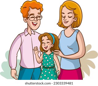 Happy family. Father, mother, kids. Parents are keeping on the hands of their children. Vector illustration in a flat style
