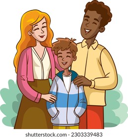 Happy family. Father, mother, kids. Parents are keeping on the hands of their children. Vector illustration in a flat style