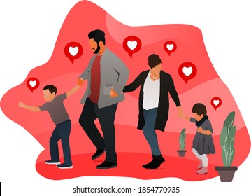  Happy family. Father, mother, little son and little daughter together. Family flat vector illustration 