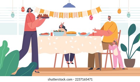 Happy Family Father, Mother and Little Kids Sitting Having Easter Dinner Sitting Table with Different Festive Food on Kitchen. Parents and Children Eating Meals. Cartoon People Vector Illustration