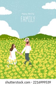 Feliz familia. Padre, madre y recién nacido en un entorno de naturaleza verde. Montañas y paisaje forestal con flores. Plantilla de primavera. Afiche, tarjeta, estilo dibujado a mano. Ilustración vectorial plana.