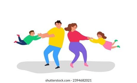 happy family father and mother raising and turning their children vector illustration