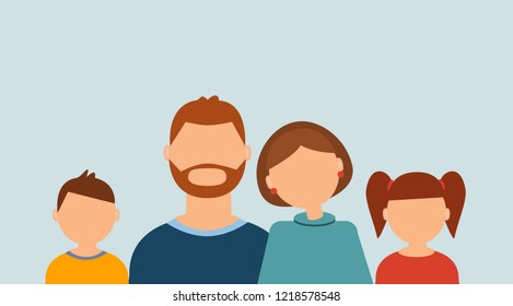 Happy family: father, mother, son and daughter without faces on the light blue background. Flat style. Vector illustration