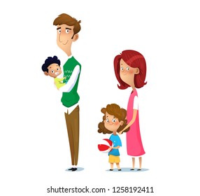 Happy family. Father, mother, son and daughter together. Vector cartoon illustration