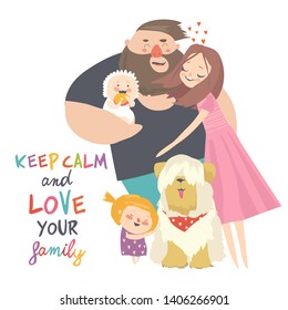 Happy family. Father, mother, son and daughter. Parents are keeping on the hands of their children