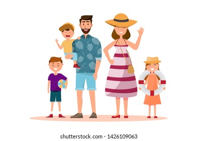 Happy family. Father, mother, son and daughter together with summer trip, vacations, holiday. Vector illustration in a flat style