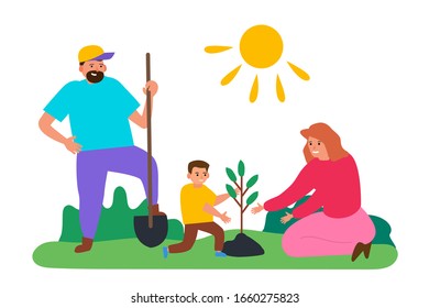 happy family father mother and son planting a small tree vector illustration