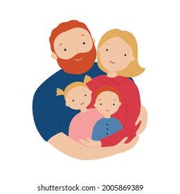 Happy family. Father, mother, son and daughter hug together. Vector illustration of a flat design