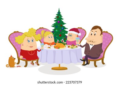 Happy family, father, mother, son and daughter, sitting near the table and fir tree and celebrating Christmas, holiday cartoon, isolated on white background. Eps10, contains transparencies. Vector