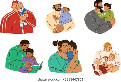 Happy family, father, mother, son and daughter hugging each other. Vector illustration