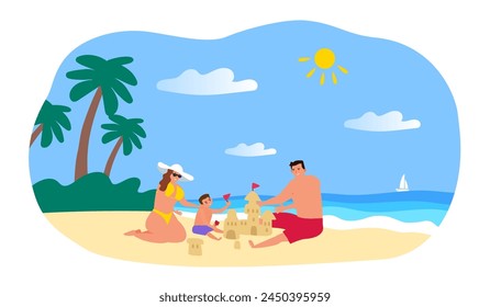 happy family father mother and son  build sand castle on the beach vector illustration