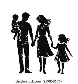 Happy family. Father, mother, son and daughter together. Vector illustration of a flat design