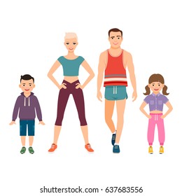 Happy family. Father, mother, son and daughter together in sport style clothes. Vector illustration