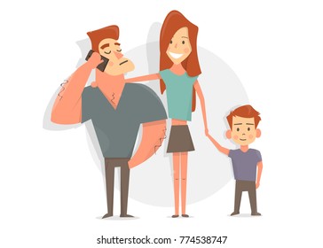Happy family. Father, mother and son. Funny and comic style.