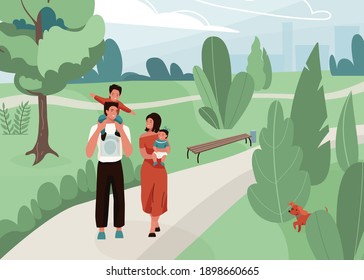 Happy family with father, mother and their son and daughter walk at the city park vector illustration. Joyful mom, dad and kids hugging and smiling, spending time together.