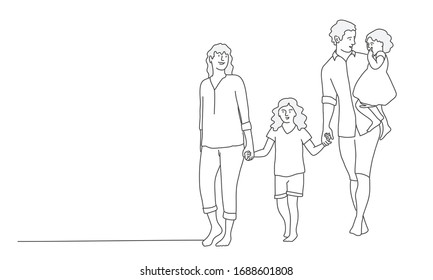 Happy family father, mother and two daughters. Line drawing vector illustration.