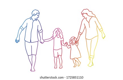 Happy family father  mother   two daughters go holding hands  Rainbow colors in linear vector illustration 